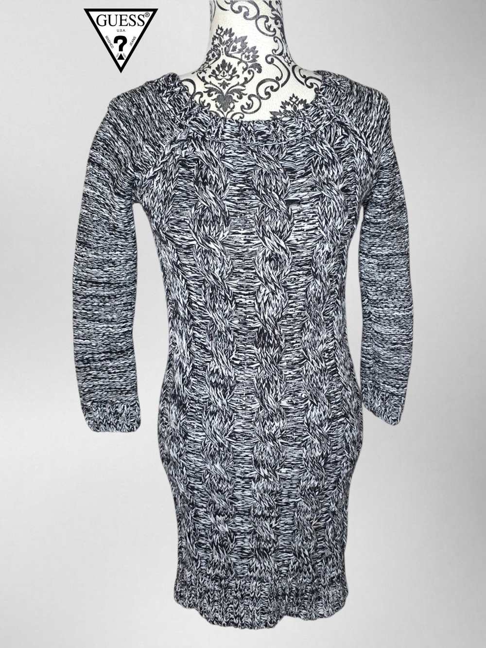 GUESS Black & White Cable Knit Sweater Dress - XSmall